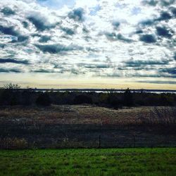 Scenic view of field against cloudy sky