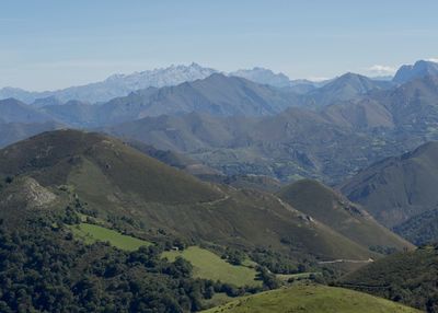 Scenic view of mountains against clear sky since peñamayor. 