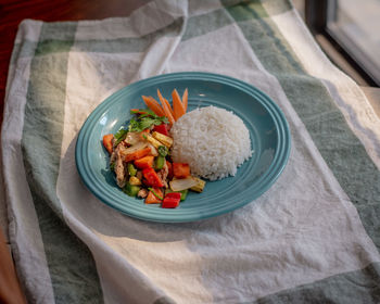 High angle view of meal served on table