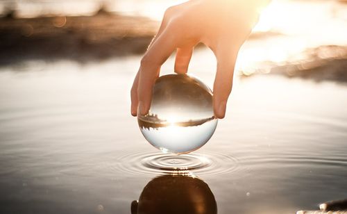 Close-up of hand holding crystal ball in lake