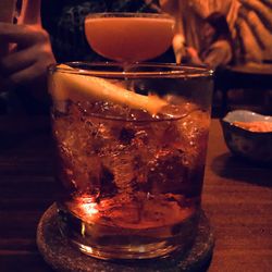 Close-up of ice tea in glass on table