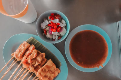 High angle view of breakfast served on table