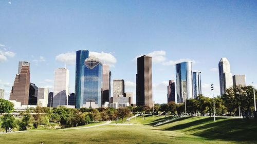 View of downtown district from park