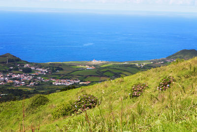 Scenic view of sea and mountains against sky