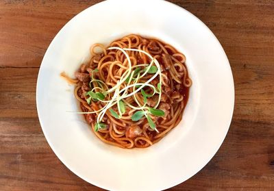 High angle view of noodles in plate on table