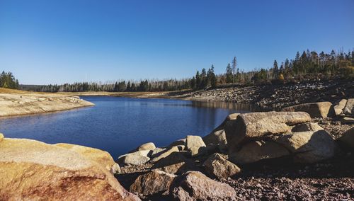 Scenic view of lake against clear blue sky