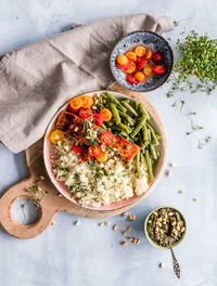 Top view of salmon and quinoa dish