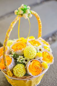 Bouquet of cupcake and marshmallows in basket. a gift on valentines day, birthday and anniversary.