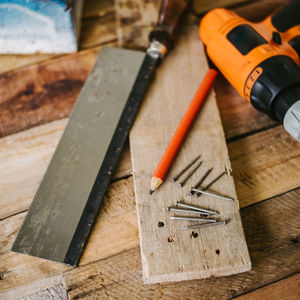 High angle view of tools on table