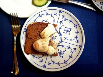 High angle view of cake in plate on table