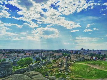 High angle shot of townscape against sky