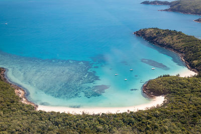 High angle view of beach against blue sky