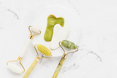 High angle view of vegetables on white table