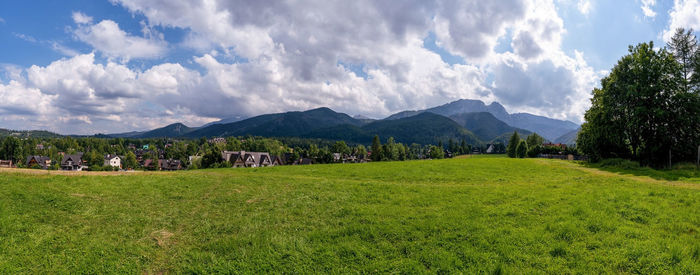 Panoramic view of landscape and mountains against sky