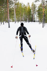 Person skiing through forest