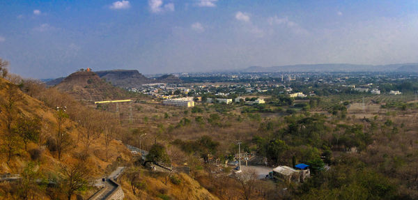 High angle view of buildings against sky