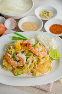 Close-up of noodles in plate on table