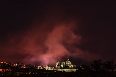 Panoramic view of illuminated buildings against sky at night