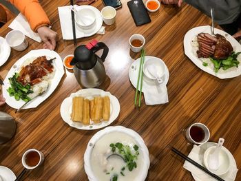 High angle view of breakfast on table