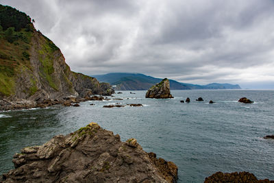 Scenic view of sea and mountains against sky