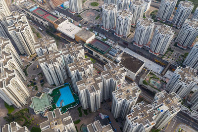 High angle view of modern buildings in city