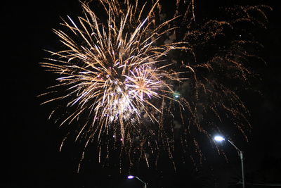 Low angle view of firework display at night