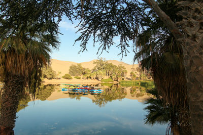 Huacachina - an oasis in the middle of the peruvian desert,  palm trees and a lagoon with boats.