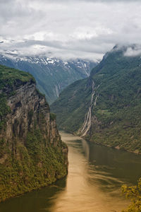 Scenic view of river amidst mountains against sky