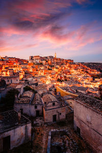 High angle view of townscape against sky during sunset