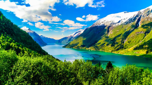 Scenic view of lake and mountains against sky