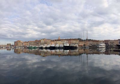 Scenic view of lake and buildings against cloudy sky