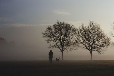 Silhouette person with dog on field during foggy weather