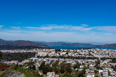 High angle shot of townscape against sky