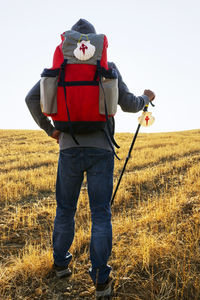 Rear view of male hiker standing on field