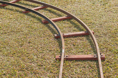 High angle view of metal container on grass