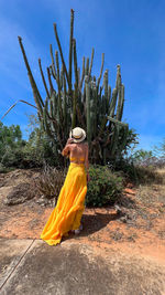 Rear view of woman standing against sky and cactus on the margarita island in venezuela 