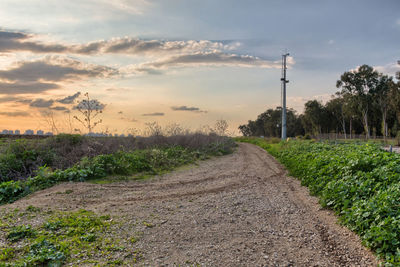 Dirt road amidst field against sky during sunset