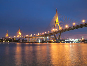 Illuminated bridge over river with city in background