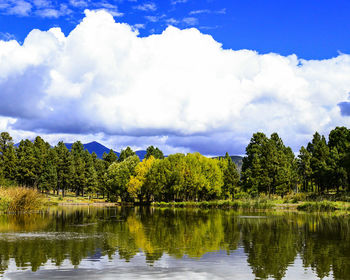 Scenic view of lake in front of trees against cloudy sky