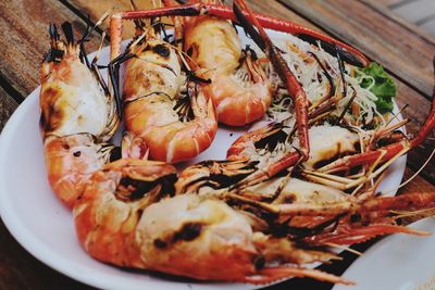 High angle view of seafood in plate on table