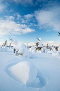 Snow covered land against sky