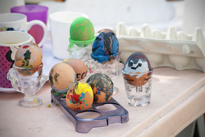 High angle view of multi colored candies on table