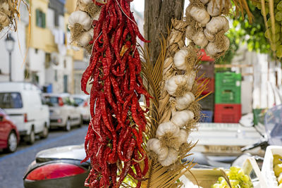 Close-up of red berries hanging on street in city