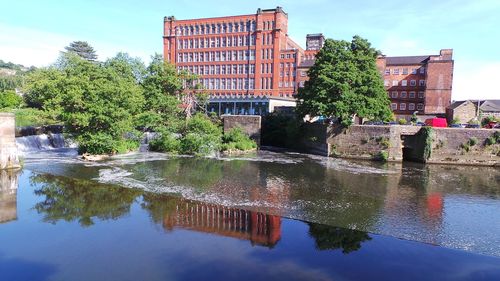 Reflection of trees and buildings in lake