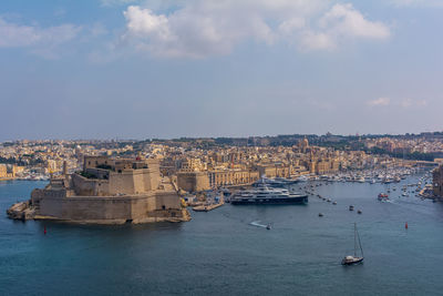 View to fort st. angelo, with part of the city birgu vittoriosa, and to the grand harbour marina