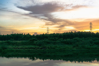 Electricity pylon by trees against sky during sunset