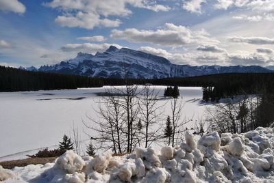 Scenic view of lake by snowcapped mountains against sky