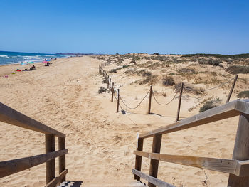 Scenic view of beach against clear blue sky
