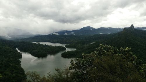 Scenic view of lake against cloudy sky