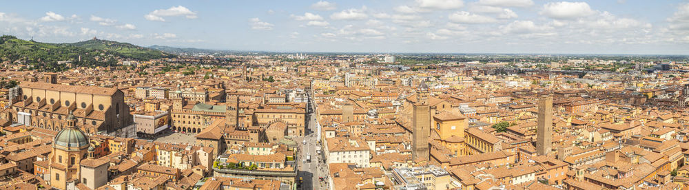 Aerial view of bologna with the beautiful maggiore square and the tower